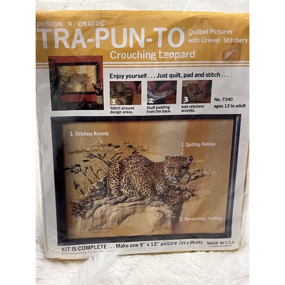 Trapunto Quilting & Crewel CRAFT Stitchery Kit Crouching Leopard 1977 Vintage